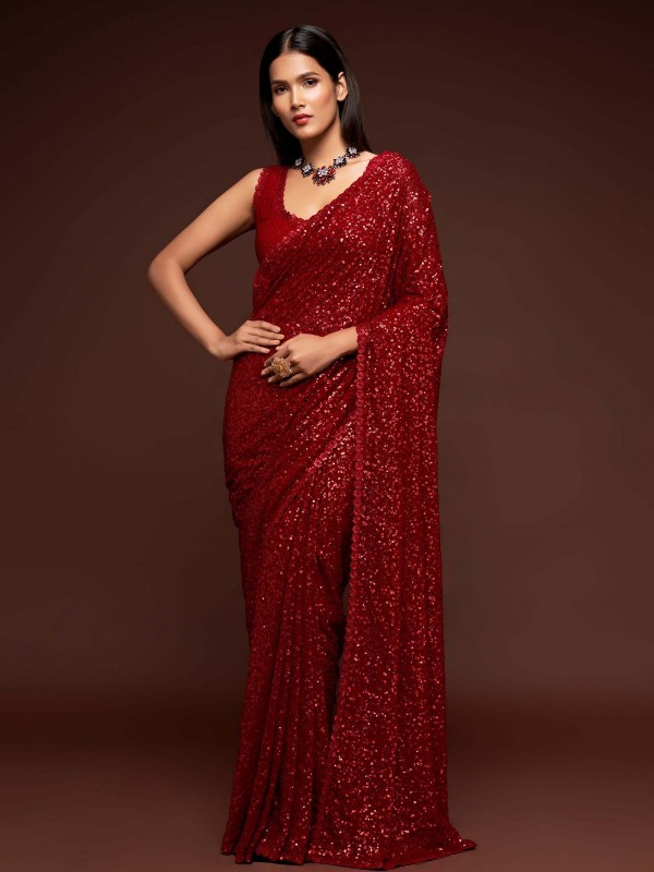 Maroon Red Pure Georgette Saree